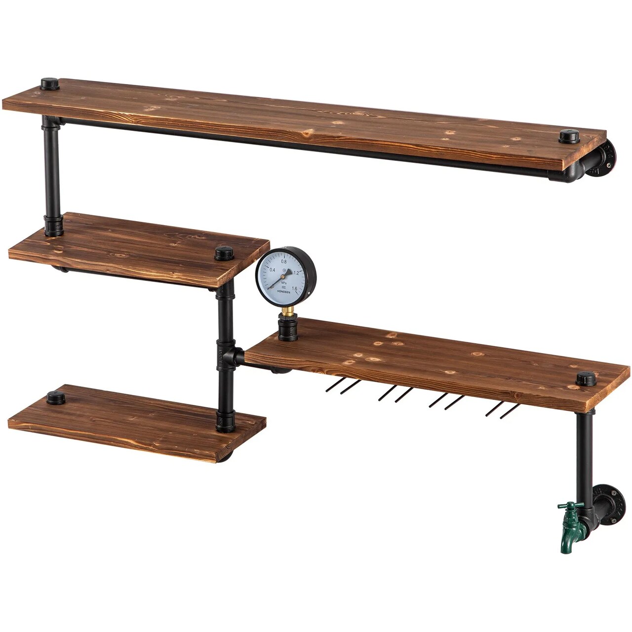 Industrial Iron Pipe Shelving with 4-Tier Wood Shelves for Wall Storage